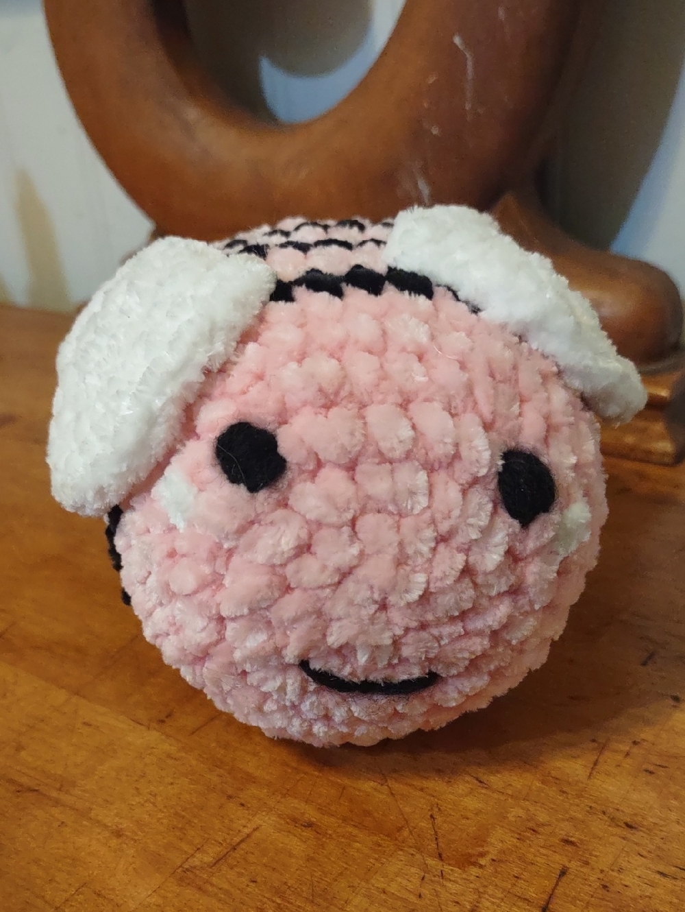 Crochet Plush Pink Black Bee Toy with White Wings Embroidered Eyes